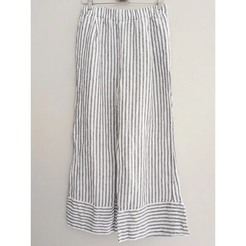 Reformation Fernando Linen Wide Leg Pant Antibes Stripe Gray White Size Medium